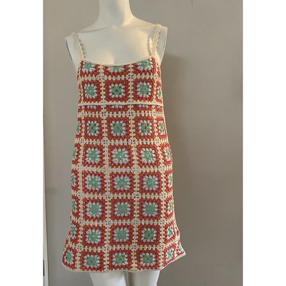 NEW Zara Dress Women Small Crochet Mini Square Boho Festival Indie Open Knit - Picture 1 of 11